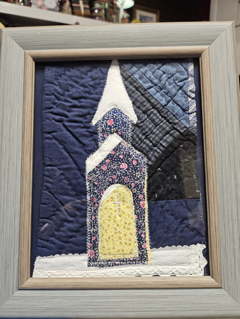 Framed Quilted Church Wall Art in Navy, Yellow & White